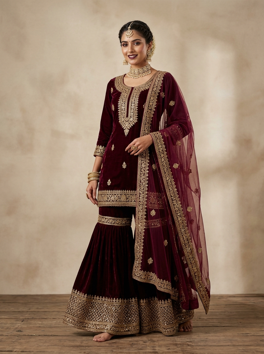 Zoya - Wine Velvet Gharara